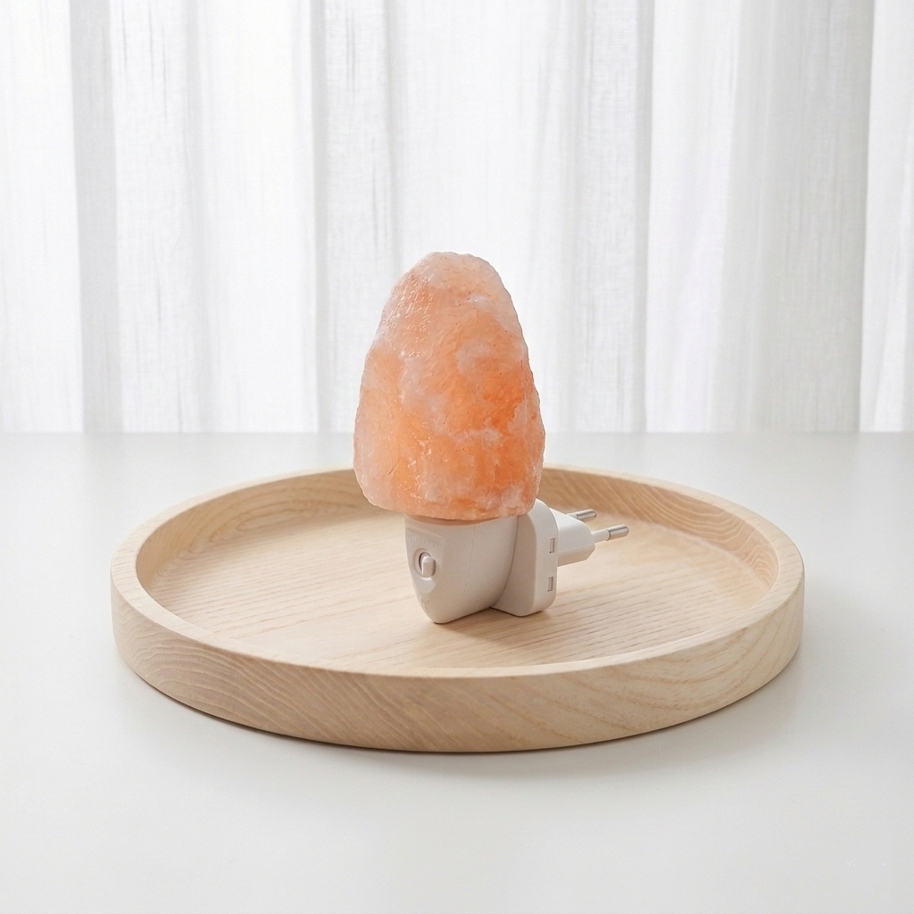 Lámpara de sal del Himalaya tallada en forma natural sobre una base de madera, emitiendo una luz cálida y tenue de color naranja suave en una habitación oscura.