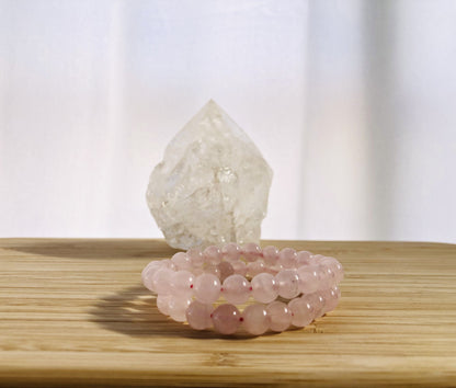 "Pulsera de cuarzo rosa 8 mm para yoga y meditación, joya de piedra natural para el chakra corazón, accesorio elástico de bienestar con cuentas de cuarzo auténtico.